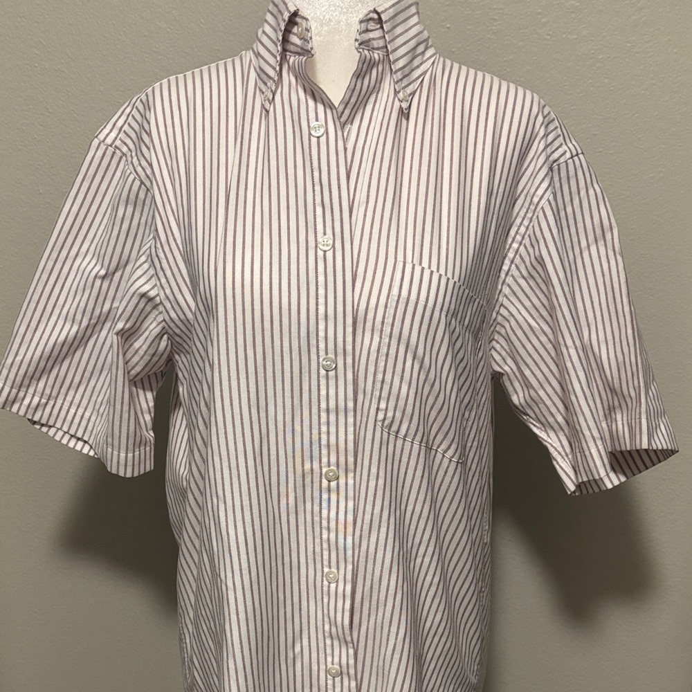 Lands' End Men's White and Brown Striped Button Down Shirt